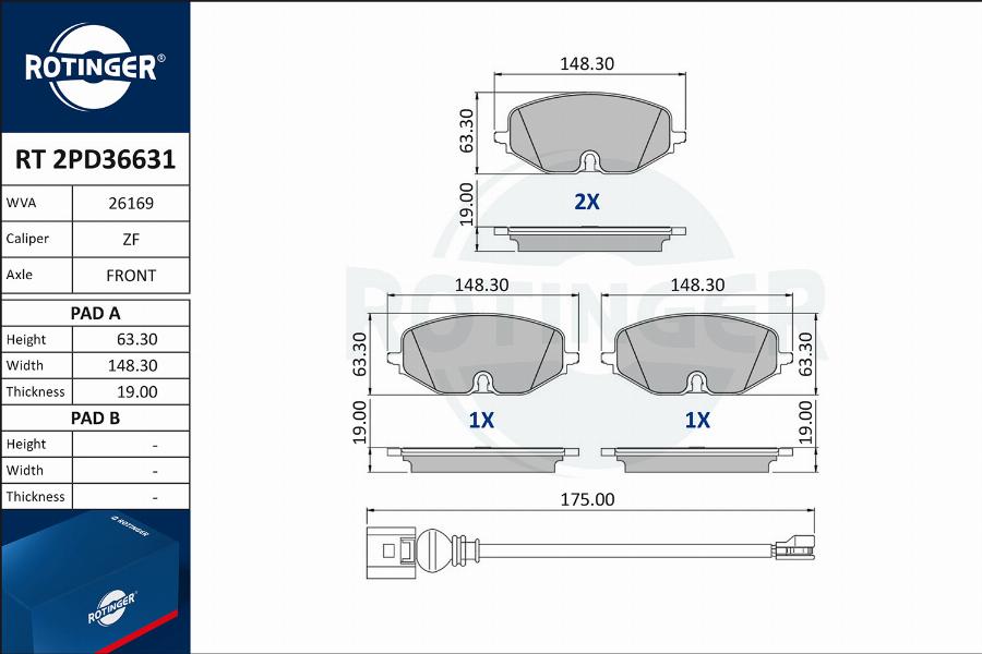 Rotinger RT 2PD36631 - Kit pastiglie freno, Freno a disco autozon.pro