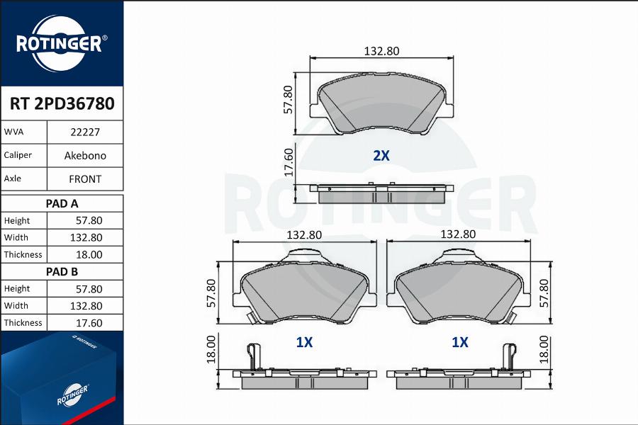 Rotinger RT 2PD36780 - Kit pastiglie freno, Freno a disco autozon.pro