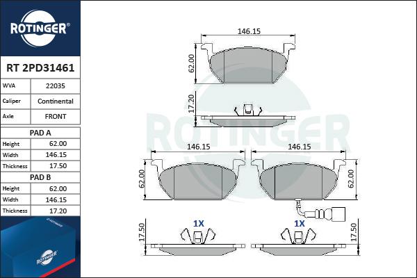 Rotinger RT 2PD31461 - Kit pastiglie freno, Freno a disco autozon.pro