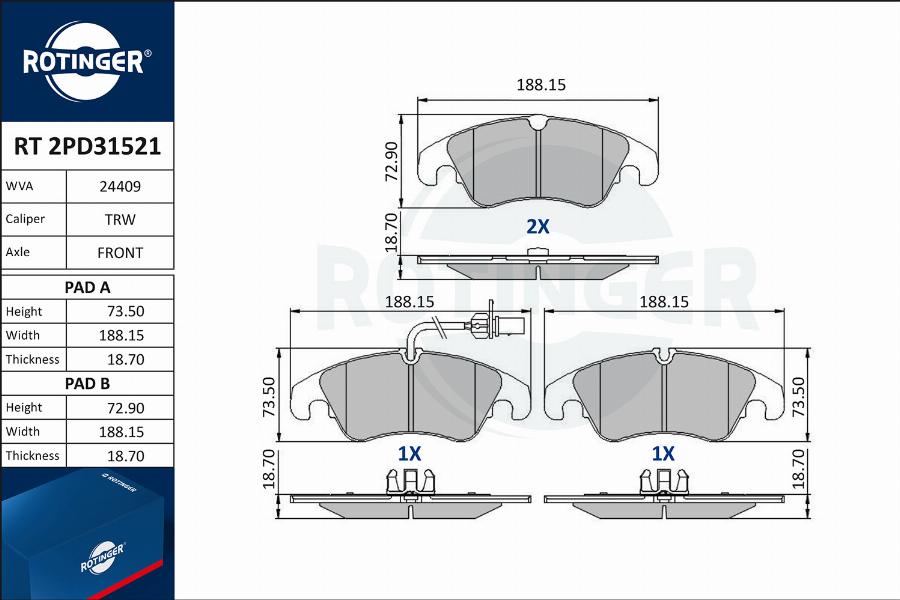 Rotinger RT 2PD31521 - Kit pastiglie freno, Freno a disco autozon.pro