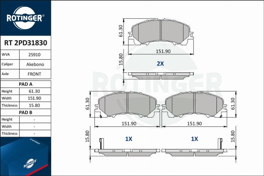 Rotinger RT 2PD31830 - Kit pastiglie freno, Freno a disco autozon.pro