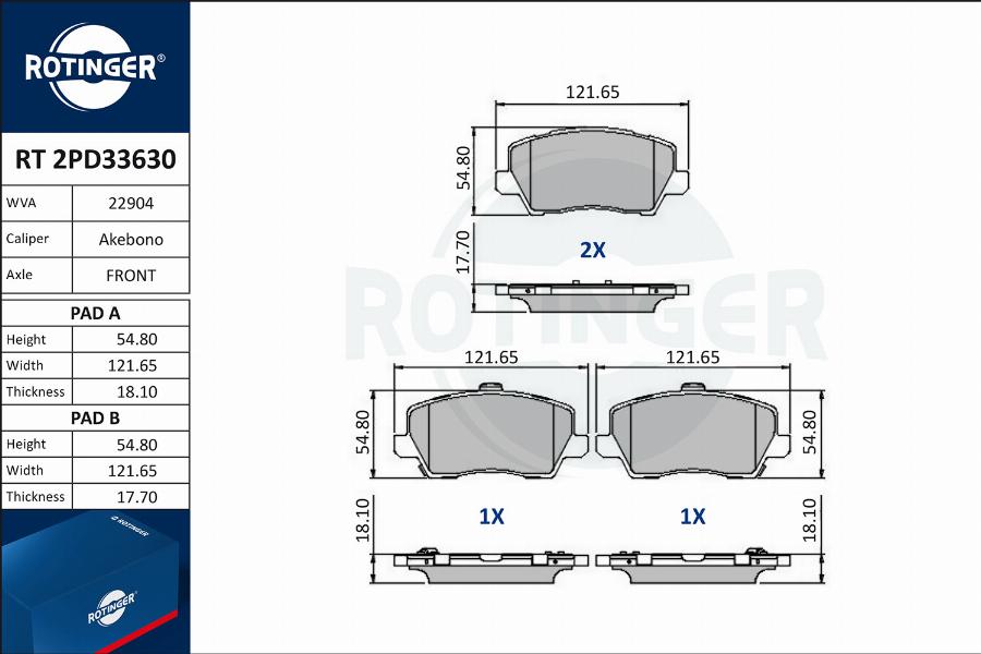 Rotinger RT 2PD33630 - Kit pastiglie freno, Freno a disco autozon.pro