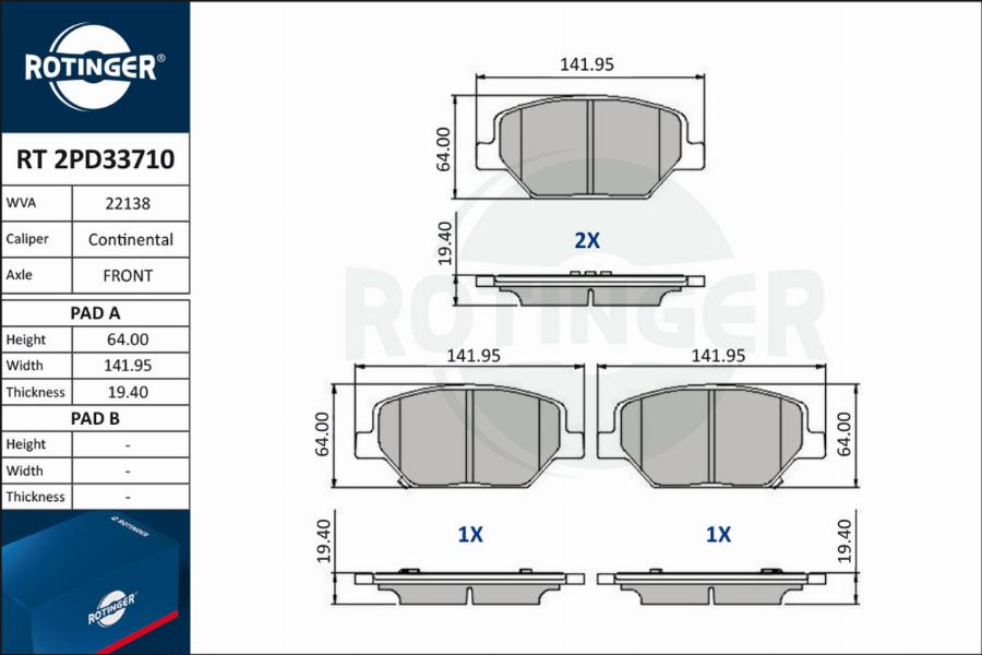 Rotinger RT 2PD33710 - Kit pastiglie freno, Freno a disco autozon.pro