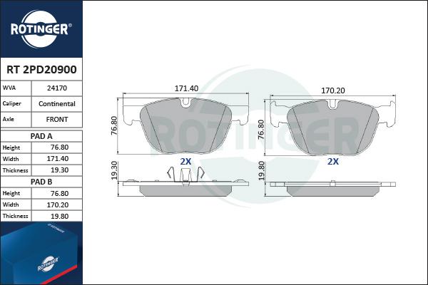 Rotinger RT 2PD20900 - Kit pastiglie freno, Freno a disco autozon.pro