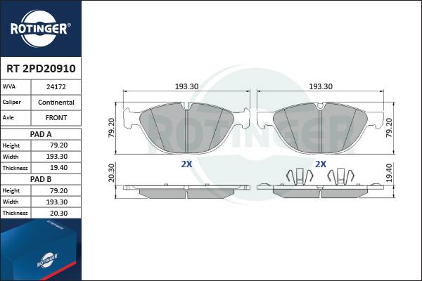 Rotinger RT 2PD20910 - Kit pastiglie freno, Freno a disco autozon.pro