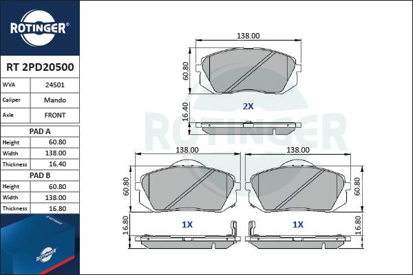 Rotinger RT 2PD20500 - Kit pastiglie freno, Freno a disco autozon.pro