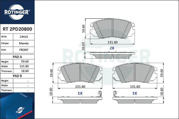 Rotinger RT 2PD20800 - Kit pastiglie freno, Freno a disco autozon.pro