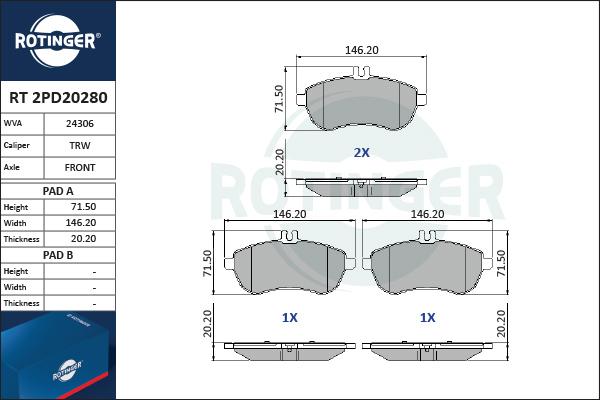 Rotinger RT 2PD20280 - Kit pastiglie freno, Freno a disco autozon.pro