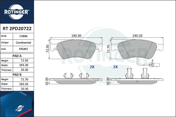 Rotinger RT 2PD20722 - Kit pastiglie freno, Freno a disco autozon.pro