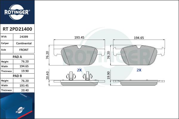 Rotinger RT 2PD21400 - Kit pastiglie freno, Freno a disco autozon.pro