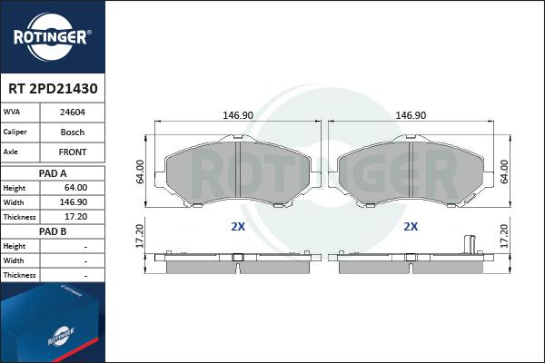 Rotinger RT 2PD21430 - Kit pastiglie freno, Freno a disco autozon.pro