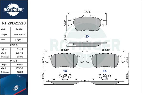 Rotinger RT 2PD21520 - Kit pastiglie freno, Freno a disco autozon.pro