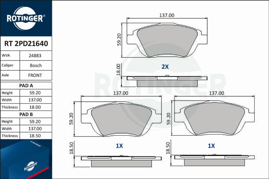 Rotinger RT 2PD21640 - Kit pastiglie freno, Freno a disco autozon.pro