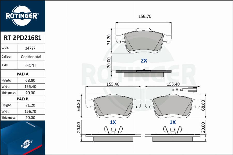 Rotinger RT 2PD21681 - Kit pastiglie freno, Freno a disco autozon.pro