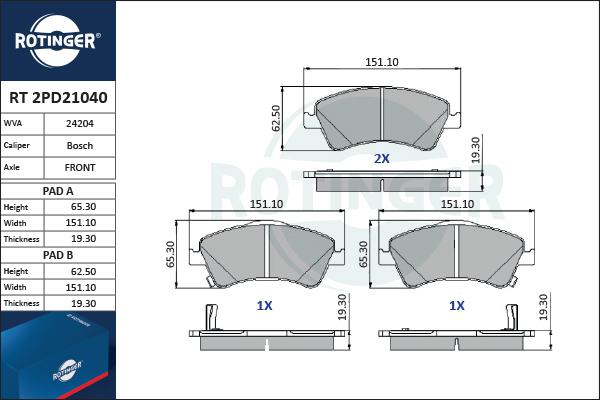 Rotinger RT 2PD21040 - Kit pastiglie freno, Freno a disco autozon.pro