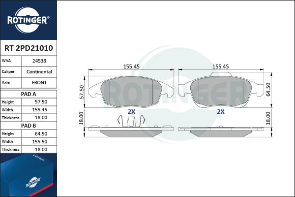 Rotinger RT 2PD21010 - Kit pastiglie freno, Freno a disco autozon.pro