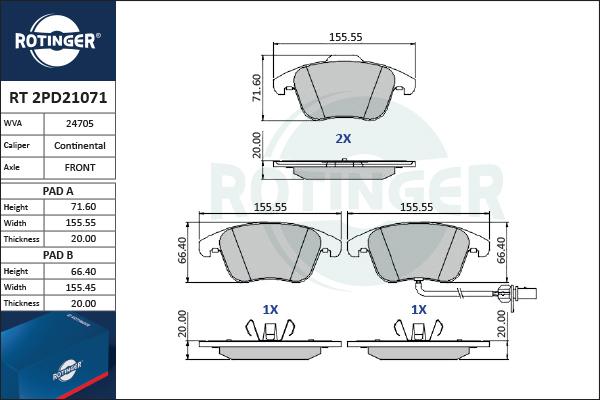 Rotinger RT 2PD21071 - Kit pastiglie freno, Freno a disco autozon.pro