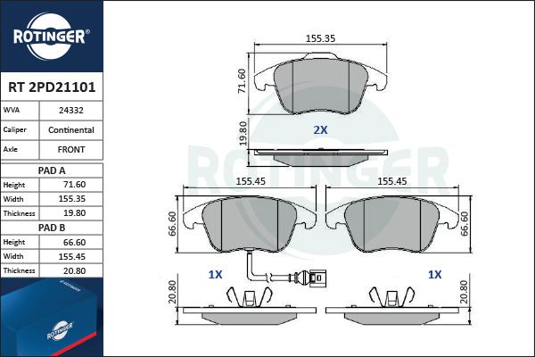 Rotinger RT 2PD21101 - Kit pastiglie freno, Freno a disco autozon.pro