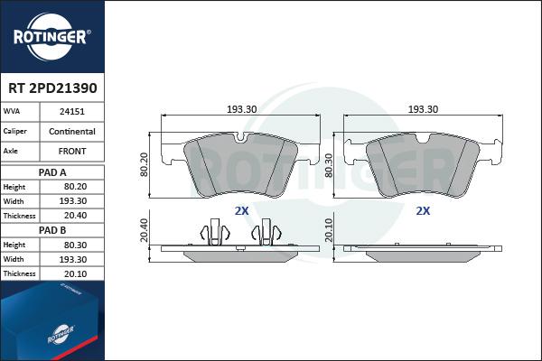 Rotinger RT 2PD21390 - Kit pastiglie freno, Freno a disco autozon.pro