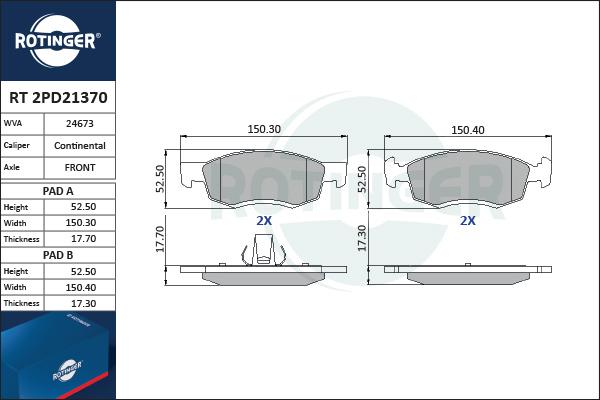 Rotinger RT 2PD21370 - Kit pastiglie freno, Freno a disco autozon.pro