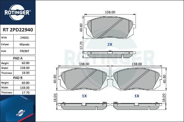 Rotinger RT 2PD22940 - Kit pastiglie freno, Freno a disco autozon.pro