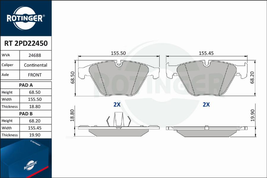 Rotinger RT 2PD22450 - Kit pastiglie freno, Freno a disco autozon.pro