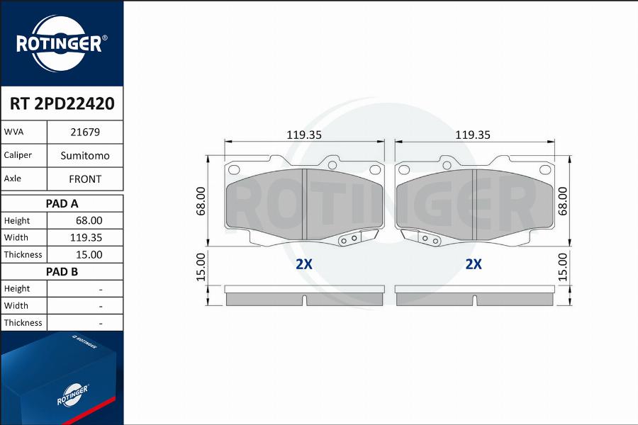 Rotinger RT 2PD22420 - Kit pastiglie freno, Freno a disco autozon.pro