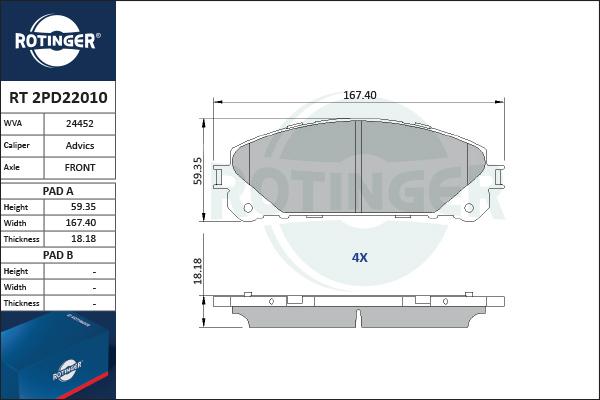 Rotinger RT 2PD22010 - Kit pastiglie freno, Freno a disco autozon.pro