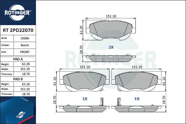 Rotinger RT 2PD22070 - Kit pastiglie freno, Freno a disco autozon.pro