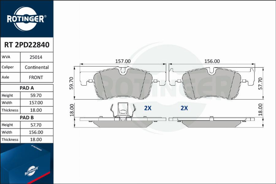 Rotinger RT 2PD22840 - Kit pastiglie freno, Freno a disco autozon.pro