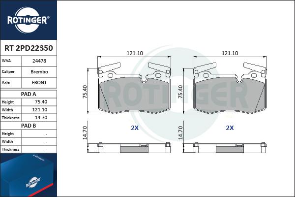 Rotinger RT 2PD22350 - Kit pastiglie freno, Freno a disco autozon.pro