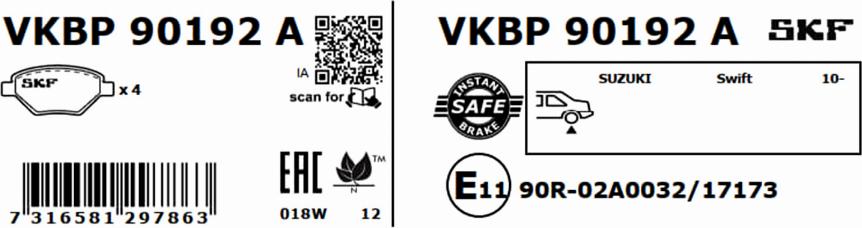 SKF VKBP 90192 A - Kit pastiglie freno, Freno a disco autozon.pro