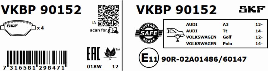 SKF VKBP 90152 - Kit pastiglie freno, Freno a disco autozon.pro