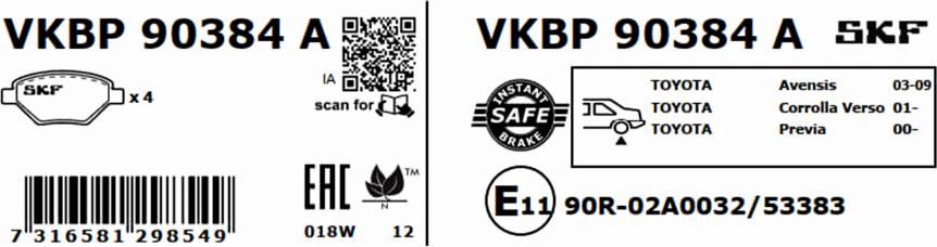 SKF VKBP 90384 A - Kit pastiglie freno, Freno a disco autozon.pro