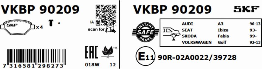 SKF VKBP 90209 - Kit pastiglie freno, Freno a disco autozon.pro