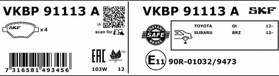 SKF VKBP 91113 A - Kit pastiglie freno, Freno a disco autozon.pro