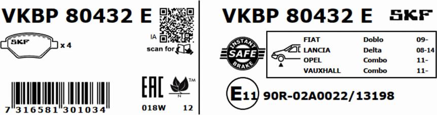 SKF VKBP 80432 E - Kit pastiglie freno, Freno a disco autozon.pro