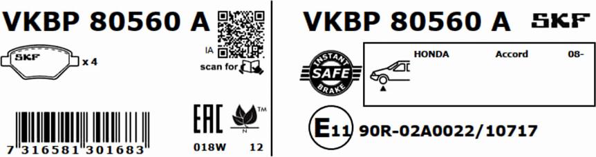 SKF VKBP 80560 A - Kit pastiglie freno, Freno a disco autozon.pro