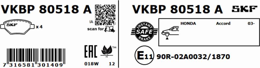 SKF VKBP 80518 A - Kit pastiglie freno, Freno a disco autozon.pro