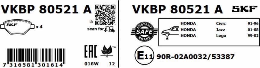 SKF VKBP 80521 A - Kit pastiglie freno, Freno a disco autozon.pro