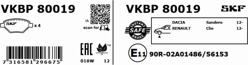 SKF VKBP 80019 - Kit pastiglie freno, Freno a disco autozon.pro