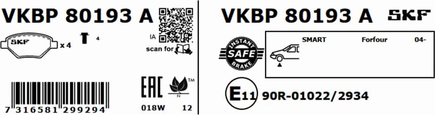 SKF VKBP 80193 A - Kit pastiglie freno, Freno a disco autozon.pro