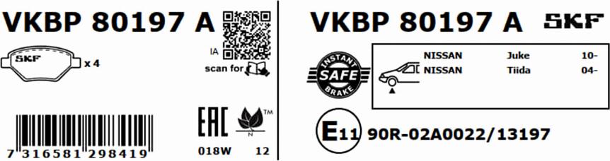 SKF VKBP 80197 A - Kit pastiglie freno, Freno a disco autozon.pro