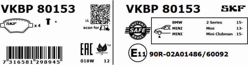 SKF VKBP 80153 - Kit pastiglie freno, Freno a disco autozon.pro