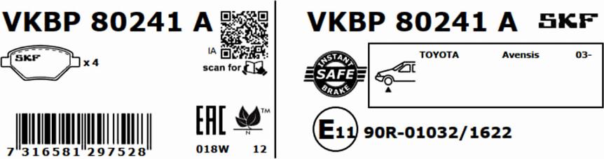 SKF VKBP 80241 A - Kit pastiglie freno, Freno a disco autozon.pro