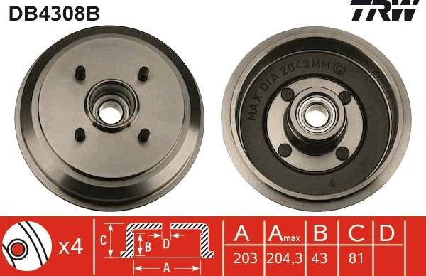 TRW DB4308B - Tamburo freno autozon.pro