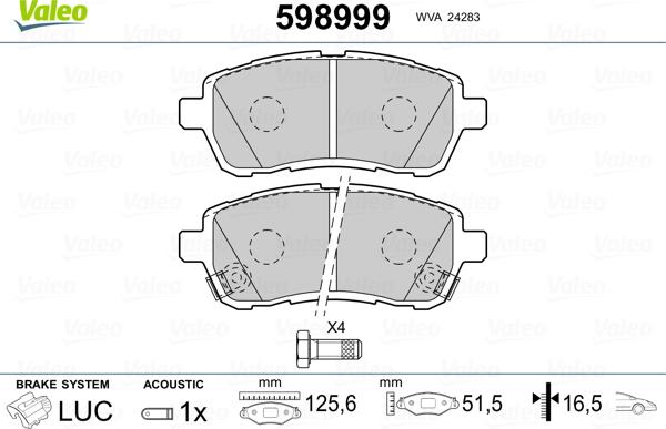 Valeo 598999 - Kit pastiglie freno, Freno a disco autozon.pro