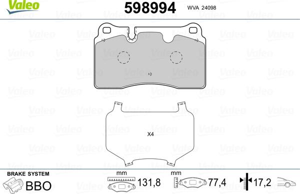 Valeo 598994 - Kit pastiglie freno, Freno a disco autozon.pro