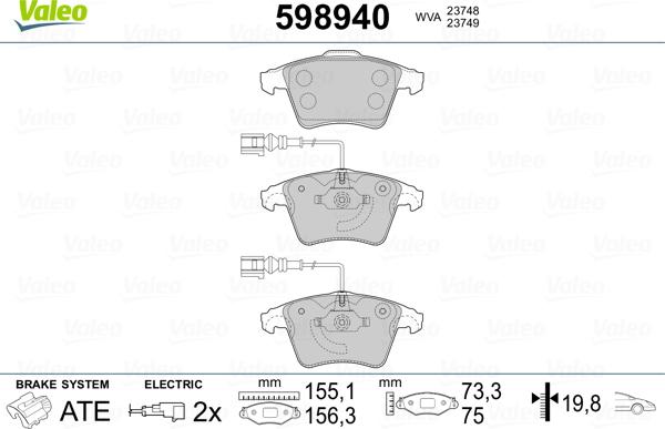 Valeo 598940 - Kit pastiglie freno, Freno a disco autozon.pro