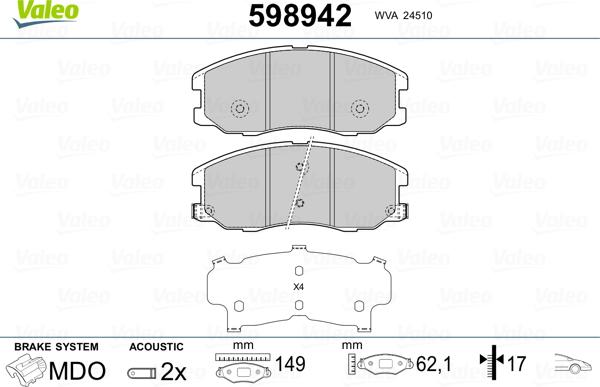 Valeo 598942 - Kit pastiglie freno, Freno a disco autozon.pro